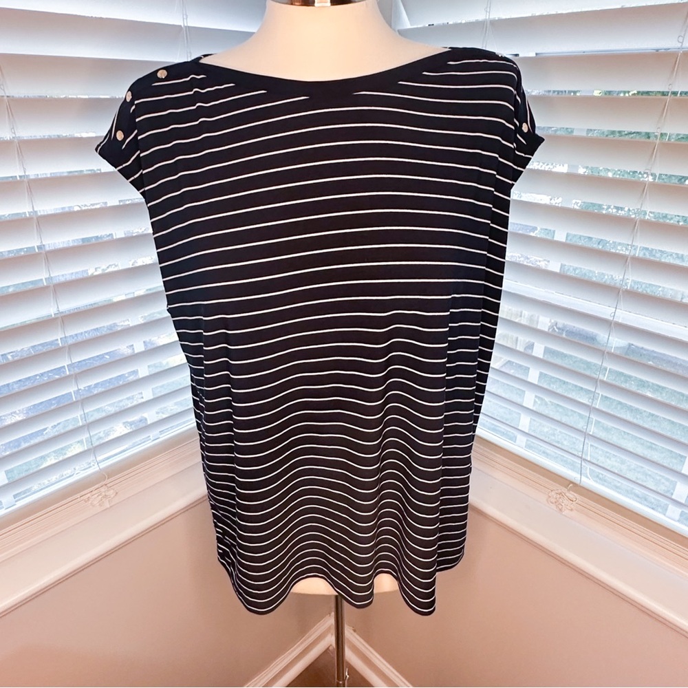 Anne Klein Navy & White Cap Sleeve Boat Neck blouse with Gold Logo on shoulder